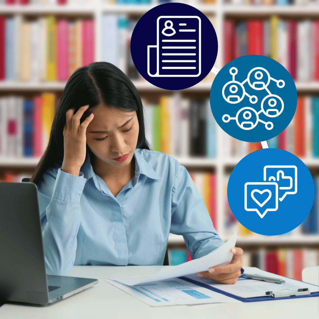 Young woman looking at paperwork and thinking in a library setting. 3 additional graphical assets show a document, networking, and social media as she thinks about how to look for her first real job.